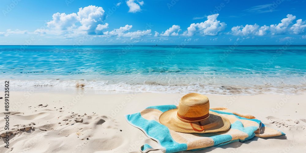 Obraz premium hat and towel, on the beach with copy space
