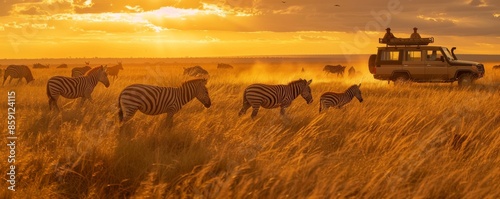 Wallpaper Mural Safari Sunset with Zebras and a 4x4 Vehicle Torontodigital.ca