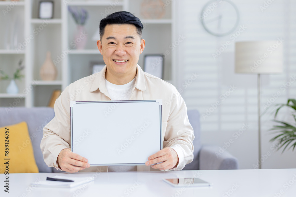 Portrait of a smiling Asian man sitting at a desk in a modern light office and holding a white blank clipboard in his hands, pointing and looking at the camera. Portrait of a smiling Asian man sitting at a desk in a modern light office and holding a white blank clipboard in his hands, pointing and looking at the camera.