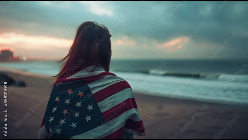 Woman wrapped in an American flag standing by the sea at sunset