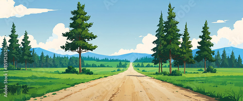 The modern illustration shows an animated 2D scene with a dirt road going along a green field with conifers trees and a blue sky The background is a simple background with a parallax effect.