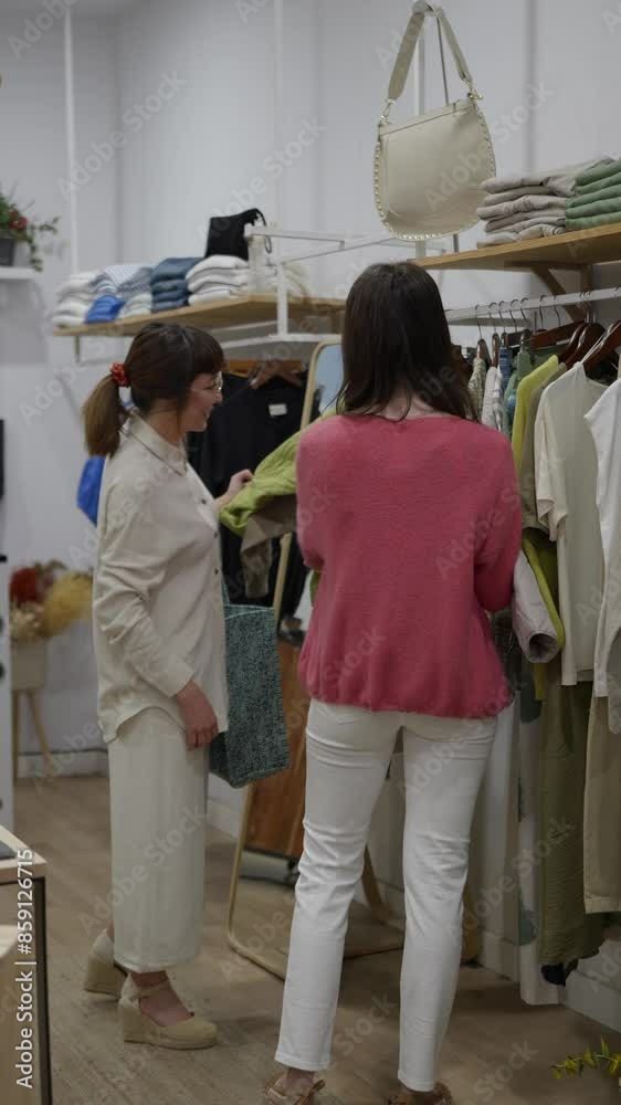 Two women shopping for spring outfits in a boutique