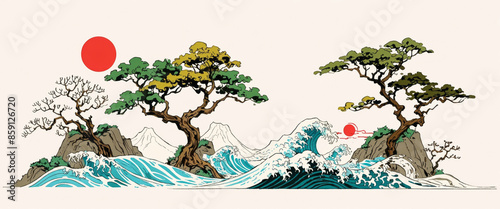 The template features hand-drawn elements from Asian traditional art Wave, tree, lion, eagle, and tree modern elements.