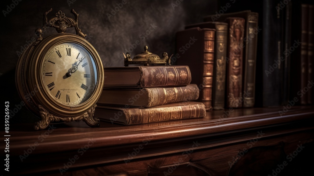 Antique clock on a wooden shelf with books Antique clock on a wooden shelf with books