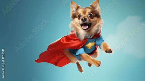 Adorable dog in a red superhero cape and mask on a blue sky background, the concept of a superhero, super dog, leader, funny animal studio shot.