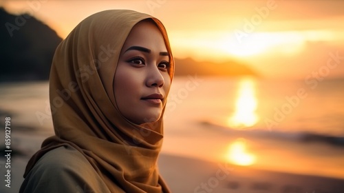 Malay hijabi woman posing by the seaside during sunset