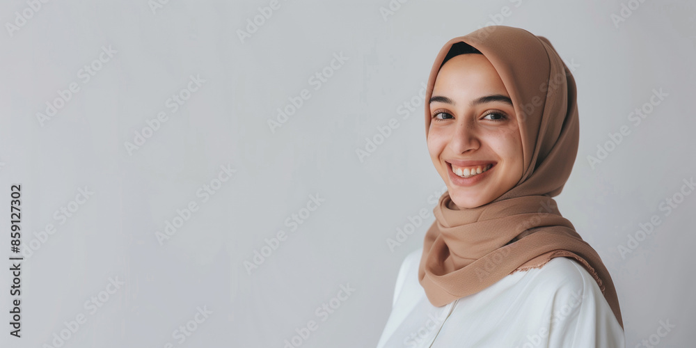 A portrait of a young smiling Muslim woman wearing a brown hijab with copy space for text A portrait of a young smiling Muslim woman wearing a brown hijab with copy space for text