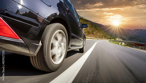 Plack business car on high speed in turn and high-speed highway with motion speed.