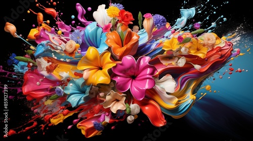 Abstract illustration of a flower bouquet in an explosion of colorful paint on a black background