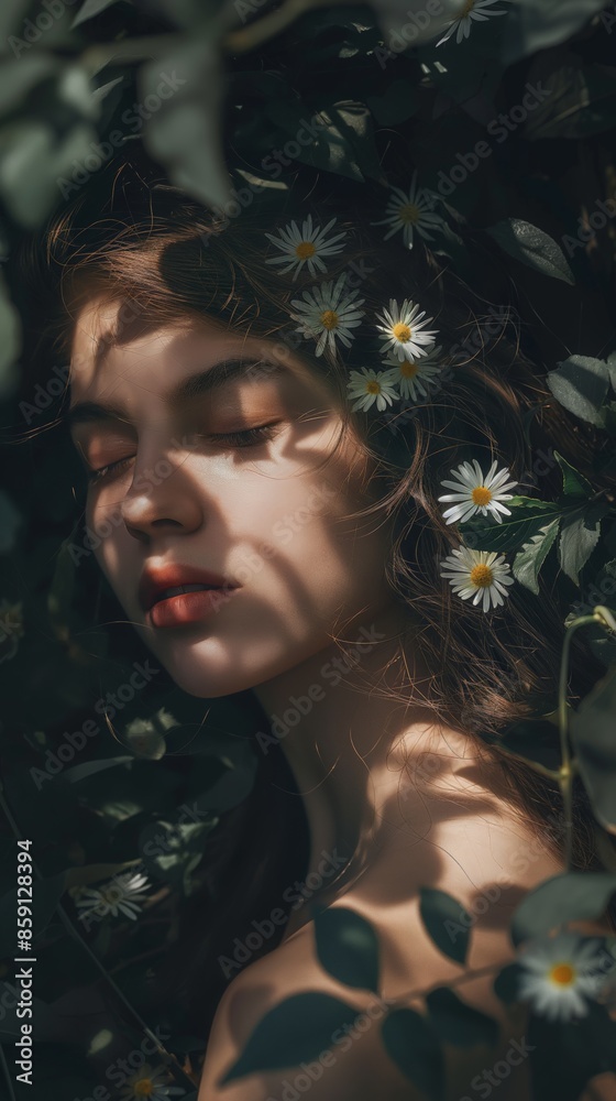 Serene woman with closed eyes surrounded by daisies and leaves in sunlight Serene woman with closed eyes surrounded by daisies and leaves in sunlight