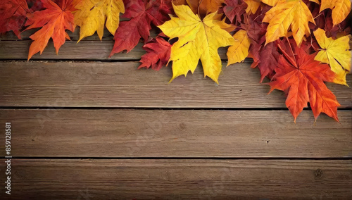 Fall wooden background with leaves and copyspace