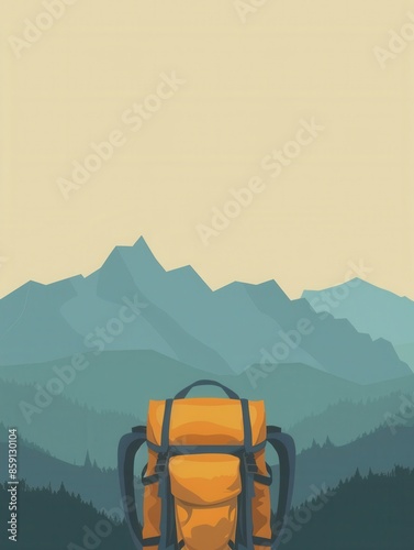 A stylized illustration of a backpack against a minimalist background featuring blue mountains. Generative AI