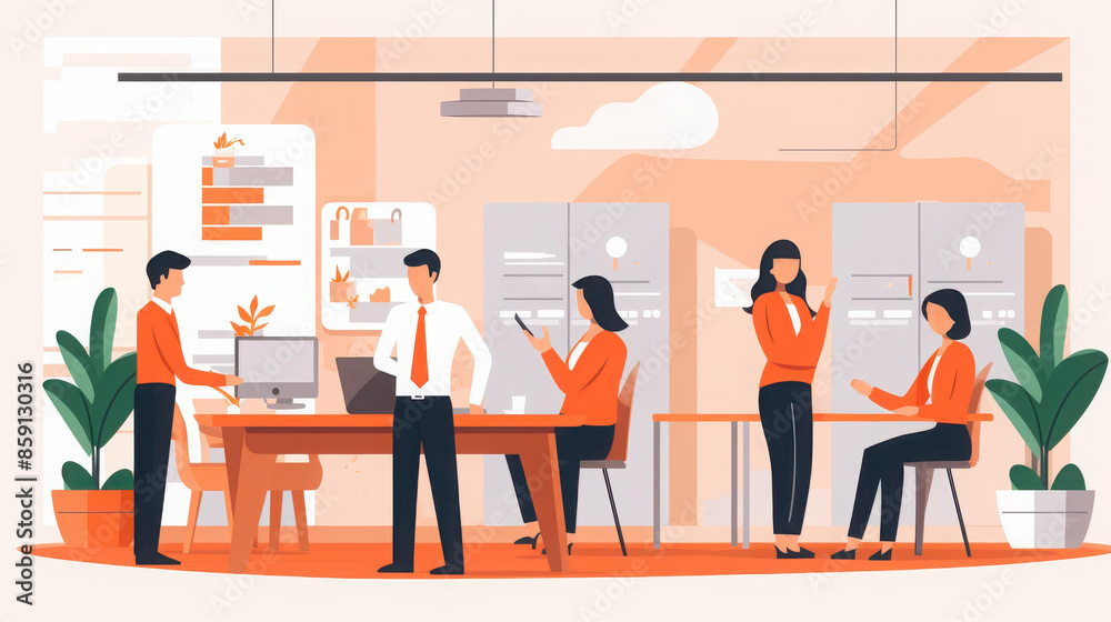 Diverse team of business professionals collaborating in a modern office setting. Diverse team of business professionals collaborating in a modern office setting.