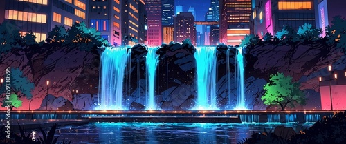 Experience the vibrant fusion of nature and urban life in this captivating cityscape, where a waterfall cascades through a densely built environment, illuminated by the glow of neon lights. photo