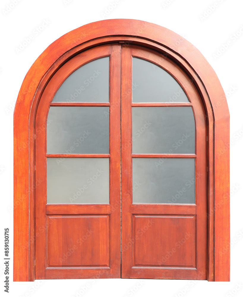 Classic arched wooden door on transparent background. (PNG File)