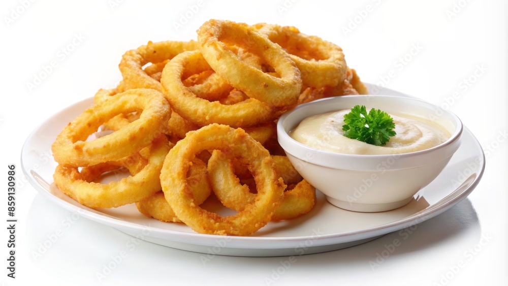 Crispy golden onion rings piled high on a white plate with a side of creamy dipping sauce, isolated on transparent background. Crispy golden onion rings piled high on a white plate with a side of creamy dipping sauce, isolated on transparent background.