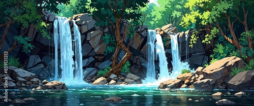 A waterfall cascades in a summer forest, with a river stream flowing from rocks to the river under the lights and green tree branches Modern illustration of a panoramic 2D game background.