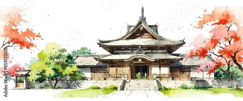 Watercolor illustration of a traditional Japanese temple with a pagoda roof. photo