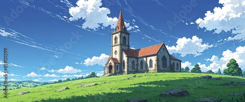 A vast open field and church on the hill Superb anime-styled and DnD environment. photo