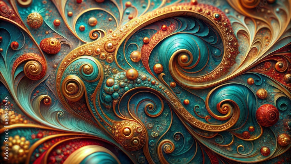 Vibrant, intricately swirled abstract background featuring mesmerizing fusion of turquoise, gold, and crimson hues with organic, flowing textures. Vibrant, intricately swirled abstract background featuring mesmerizing fusion of turquoise, gold, and crimson hues with organic, flowing textures.