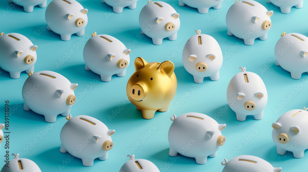 white piggy banks arranged on a blue background with gold piggy at the center. success, wealth and financial responsibility white piggy banks arranged on a blue background with gold piggy at the center. success, wealth and financial responsibility