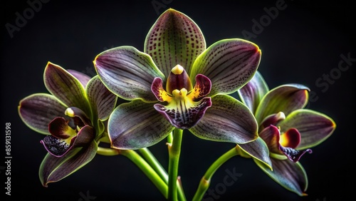 Mysterious black orchid with delicate petals and yellow-green accents blooms against a dark, velvety black background.