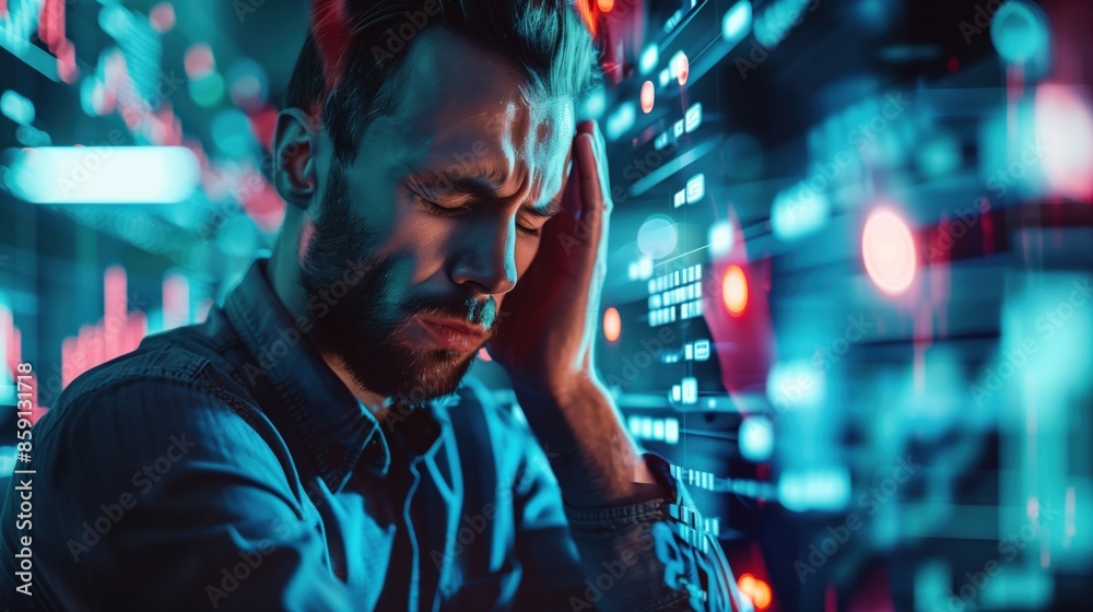 Man Stressed While Looking At Data On Screen. Man Stressed While Looking At Data On Screen.