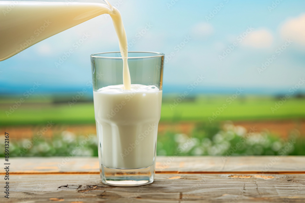 Poured into a glass on a rustic wooden table, with a serene farm backdrop of green fields under a clear blue sky. Poured into a glass on a rustic wooden table, with a serene farm backdrop of green fields under a clear blue sky.