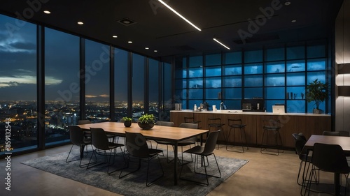 modern office break room or lounge with aesthetic dark lighting and night cloud outside that promotes calm and relaxing environment