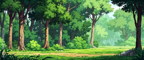 Light and green forest background, Anime game background , Illustration.