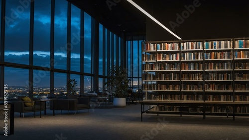 modern office library or resource center with aestheti aesthetic dark lighting and night cloud outside that promotes calm and relaxing environment