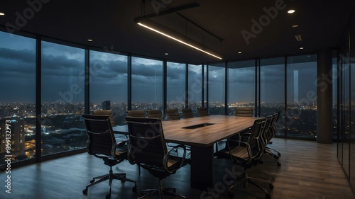 modern office meeting room with aesthetic dark lighting and night cloud outside that promotes calm and relaxing environment