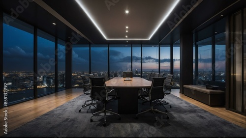 modern office meeting room with aesthetic dark lighting and night cloud outside that promotes calm and relaxing environment