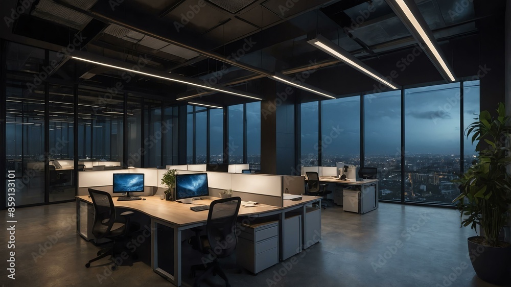 modern open office area with aesthetic dark lighting and night cloud outside that promotes calm and relaxing environment modern open office area with aesthetic dark lighting and night cloud outside that promotes calm and relaxing environment