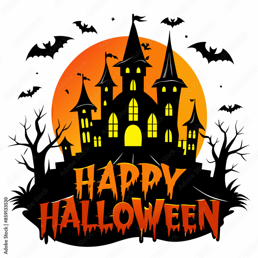 Happy Halloween text with a creepy castle in the background Happy Halloween text with a creepy castle in the background