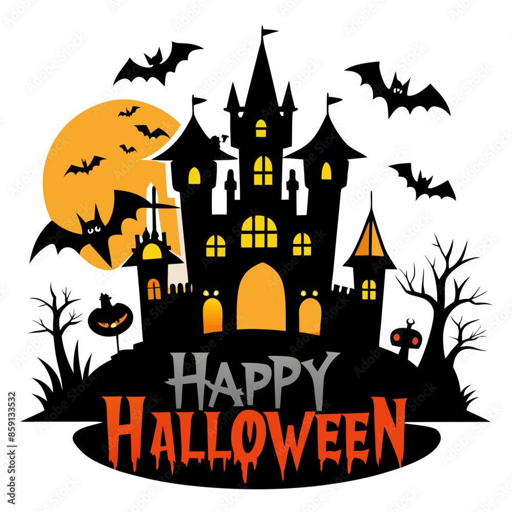 Happy Halloween text with a creepy castle in the background Happy Halloween text with a creepy castle in the background