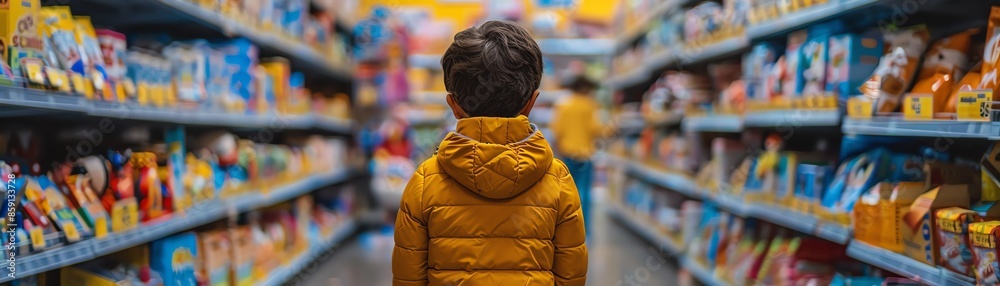 A small child stands in thoughtful contemplation amidst an aisle filled with an abundance of colorful toys in a store A small child stands in thoughtful contemplation amidst an aisle filled with an abundance of colorful toys in a store