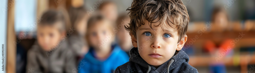A young boy sits alone looking sad while other children are in the background at school A young boy sits alone looking sad while other children are in the background at school