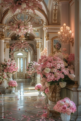 An elegant hall is lavishly decorated with lush pink flower arrangements, creating a luxurious and dreamy atmosphere for a grand event