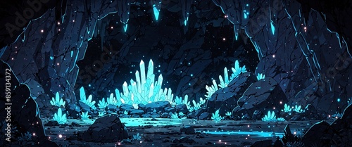 A mysterious cave system filled with glowing crystals Superb anime styled and DnD environment. photo
