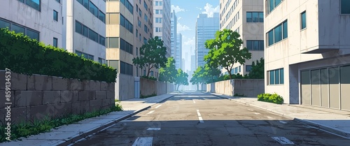 The scene shows a summer city scene with alleyways, streets, parks, and skycrapers on horizon The scene shows a parallax modern background with an empty backstreet lane.