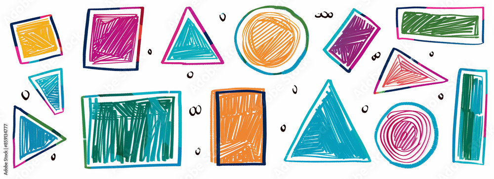 Colorful hand drawn shapes in orderly fashion on white background with ...