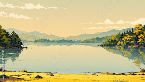 Lake landscape, yellow background, anime wallpaper. photo