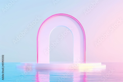 3D render round platform on water with glass wall panels, minimal landscape mockup for product showcase banner in rainbow colors, modern design promotion mockup,