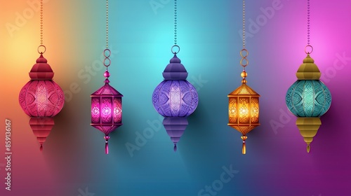 Five Ornamental Lanterns Hanging on Chains