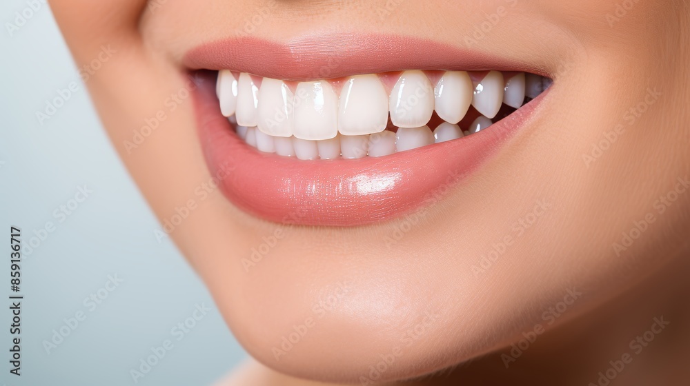 Fototapeta premium Close up of a smiling woman with orthodontic braces, concept of dental care and oral health