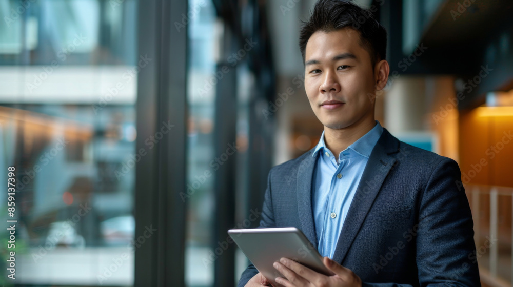 Attractive young Chinese businessman using a digital tablet while standing in front of windows in office 