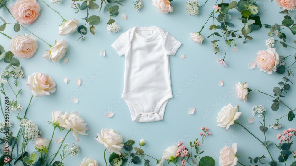 Baby bodysuit on pastel blue background with flowers Baby bodysuit on pastel blue background with flowers