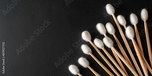 A top view of several cotton swabs over a studio clean dark backdrop with a big space on it for text or product advertisement background, Generative AI. photo