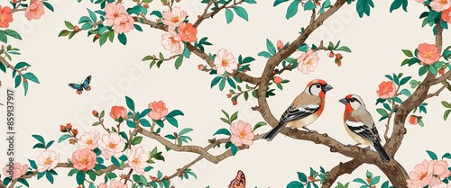 blossom tree With sparrow, finches, butterflies, dragonflies Chinoiserie, traditional oriental botanical motif wallpaper.